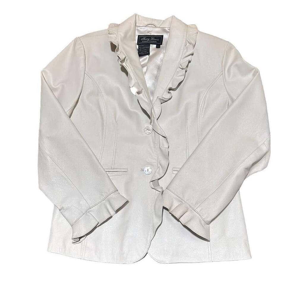 Terry Lewis Classic Luxuries Cream Genuine Leather Ruffle Blazer Jacket